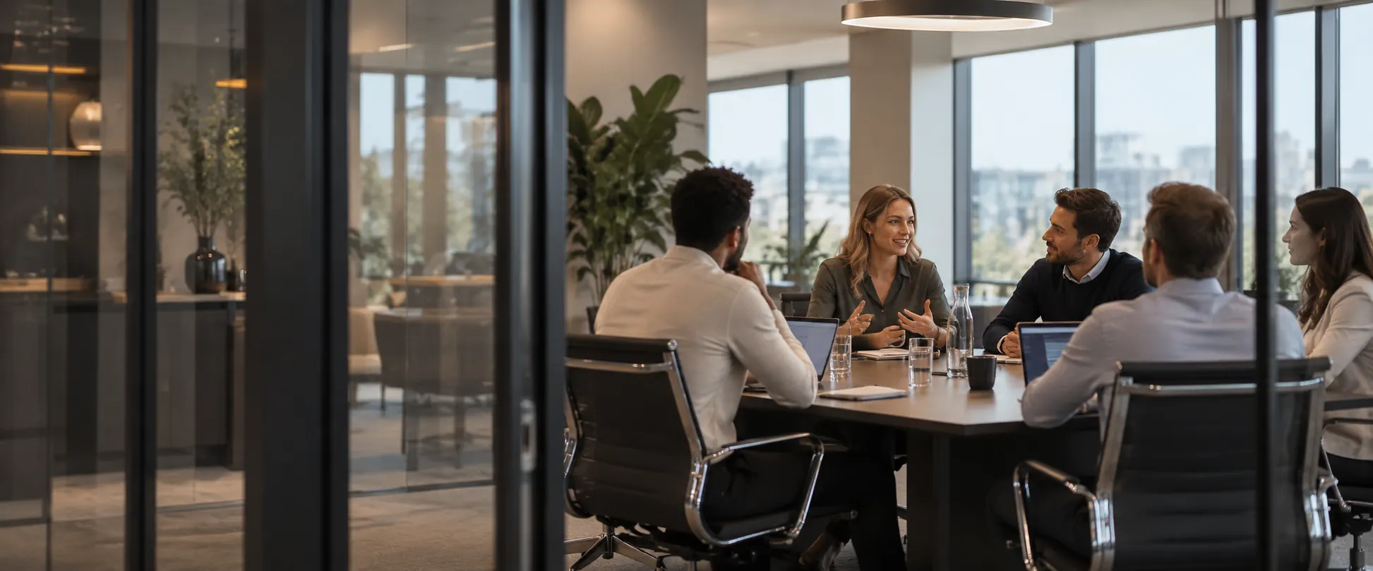 Adviseurs en ondernemers bespreken de financiering van een bedrijfspand in een vergaderruimte - bedrijfspandfinancieren.com